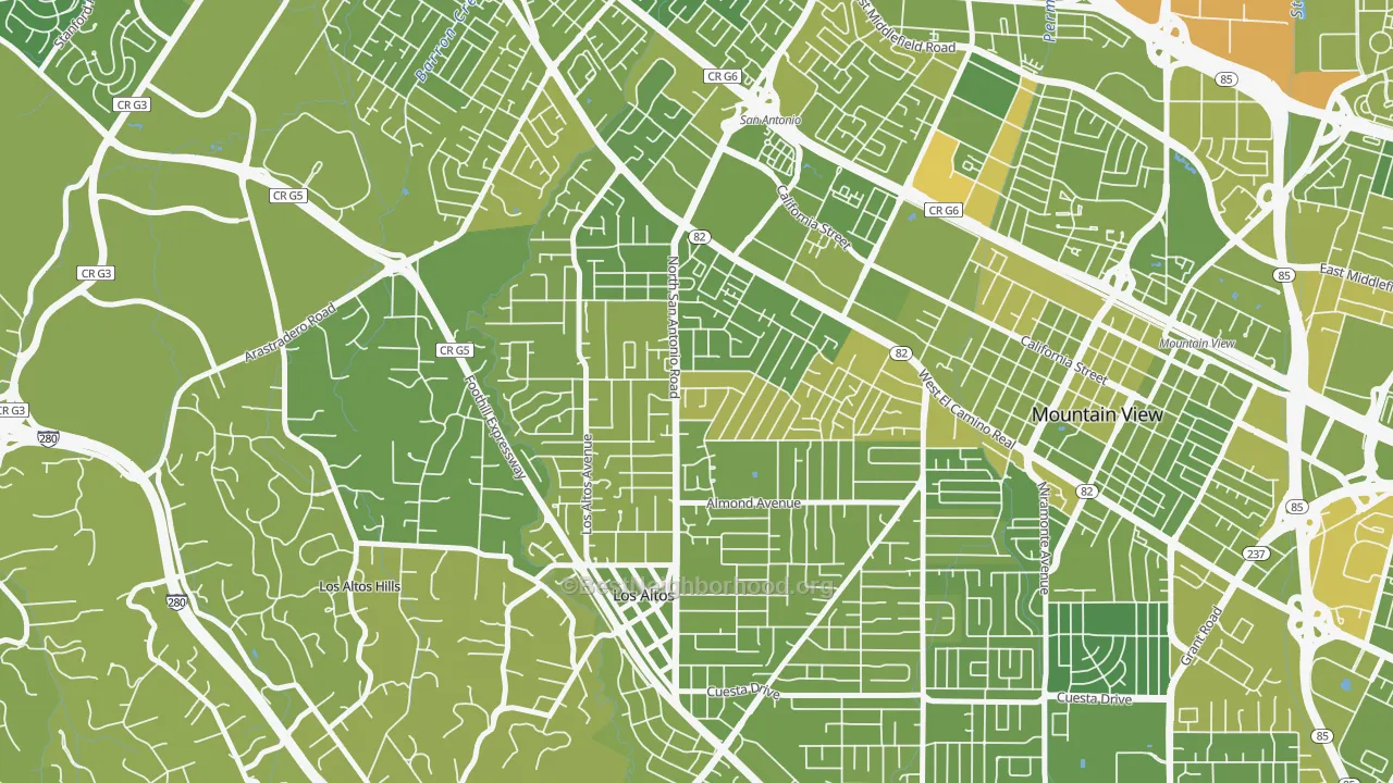 Map of the best neighborhoods in the North Los Altos, Los Altos area, with better matches in green and worse matches in red
