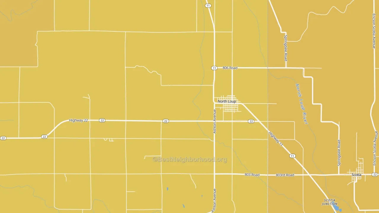 Map of the best neighborhoods in the North Loup area, with better matches in green and worse matches in red