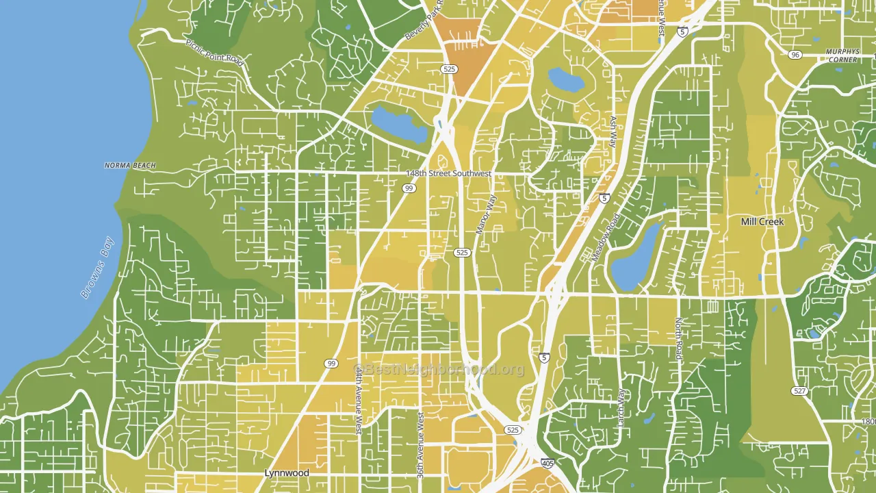 Map of the best neighborhoods in the North Lynnwood area, with better matches in green and worse matches in red