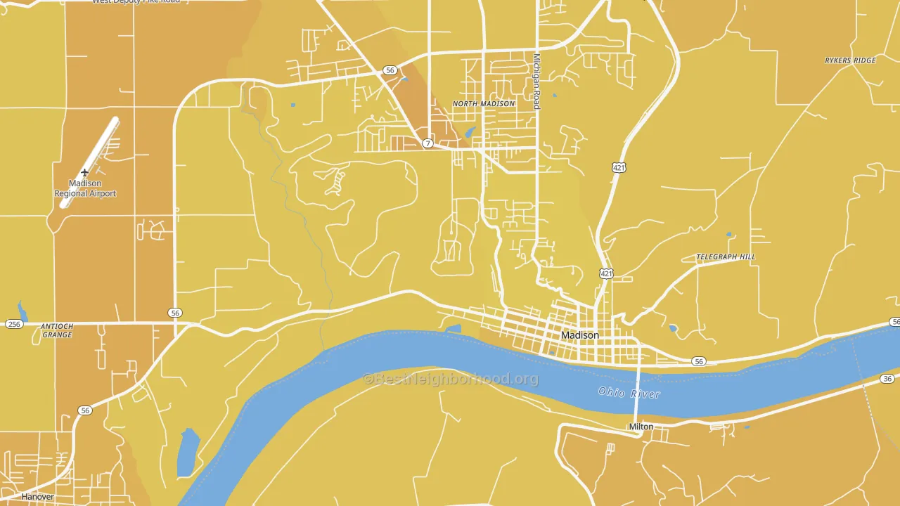 Map of the best neighborhoods in the North Madison area, with better matches in green and worse matches in red