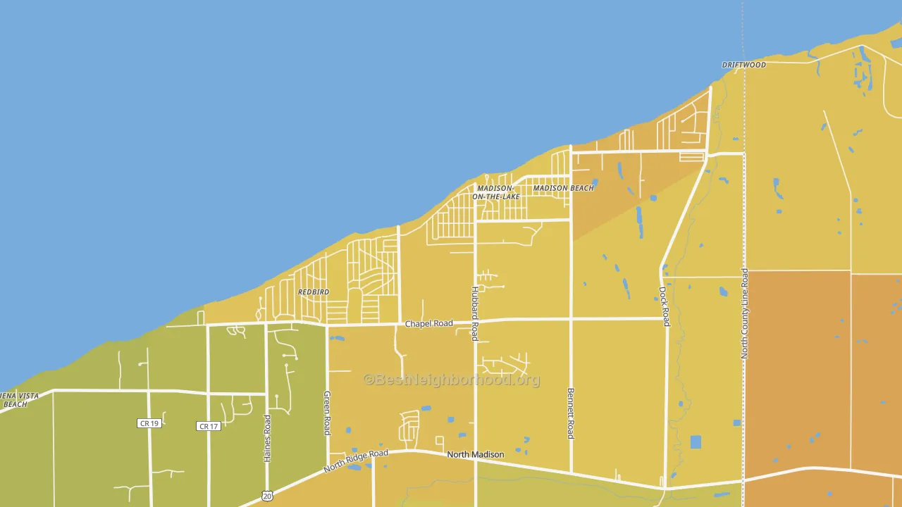 Map of the best neighborhoods in the North Madison area, with better matches in green and worse matches in red
