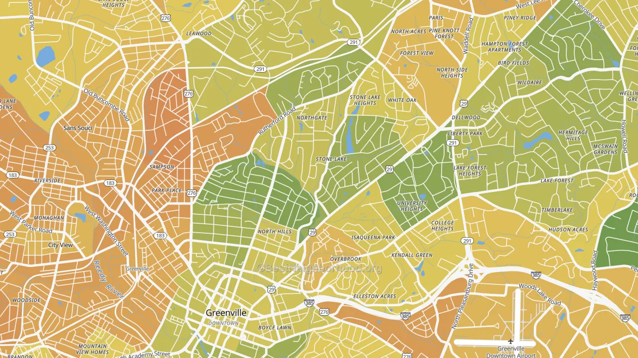 Map of the best neighborhoods in the North Main, Greenville area, with better matches in green and worse matches in red