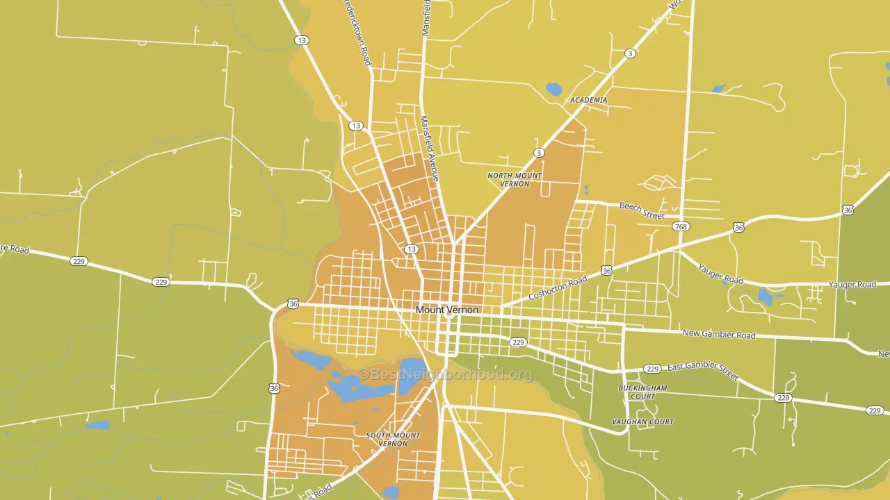 Map of the best neighborhoods in the North Main Historic District, Mount Vernon area, with better matches in green and worse matches in red