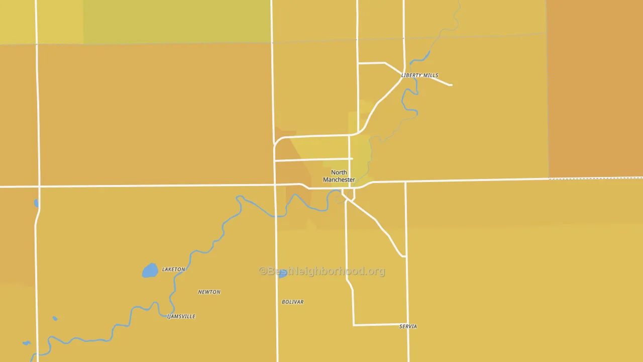 Map of the best neighborhoods in the North Manchester area, with better matches in green and worse matches in red