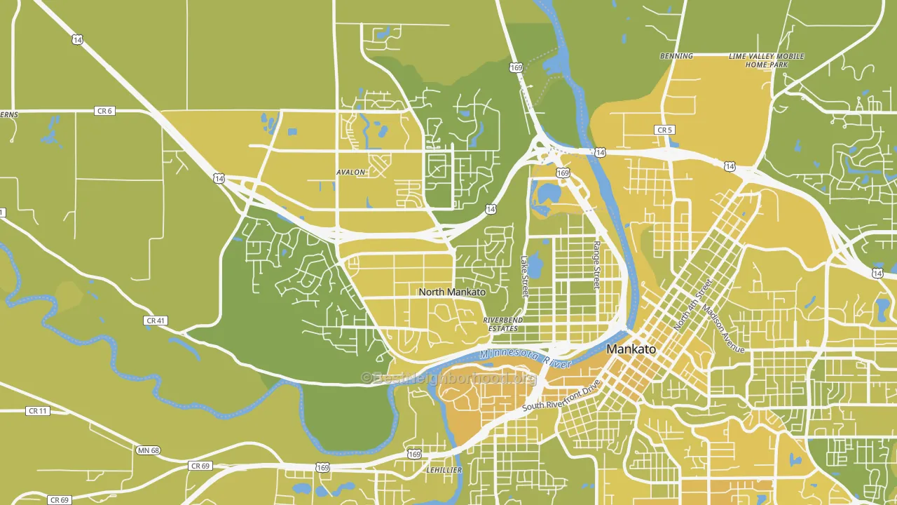 Map of the best neighborhoods in the North Mankato area, with better matches in green and worse matches in red
