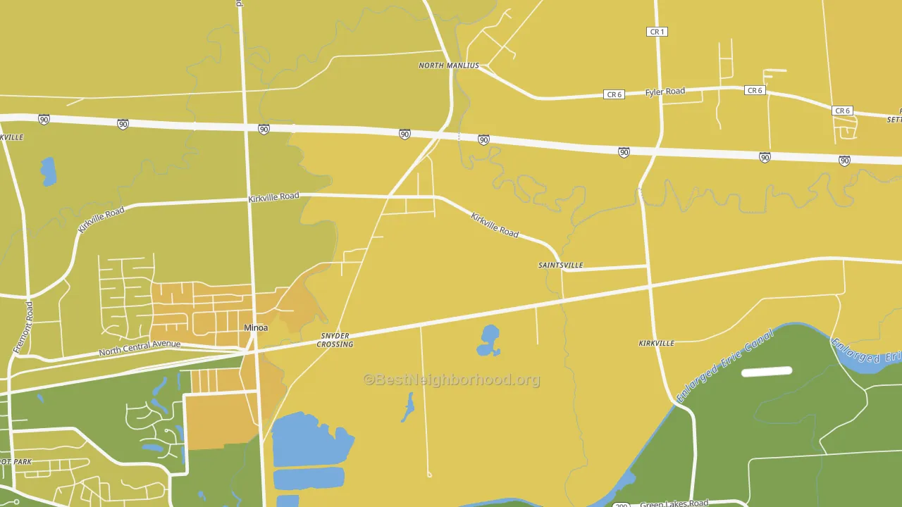 Map of the best neighborhoods in the North Manlius area, with better matches in green and worse matches in red