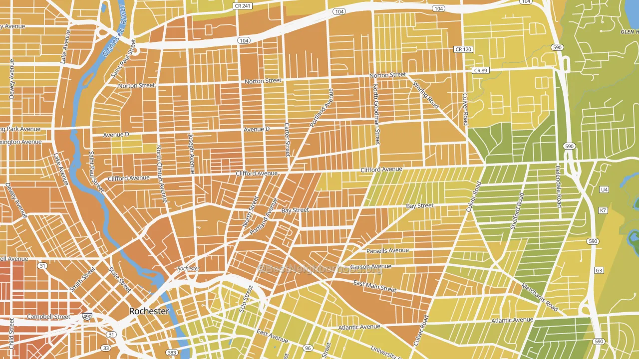 Map of the best neighborhoods in the North Marketview Heights, Rochester area, with better matches in green and worse matches in red