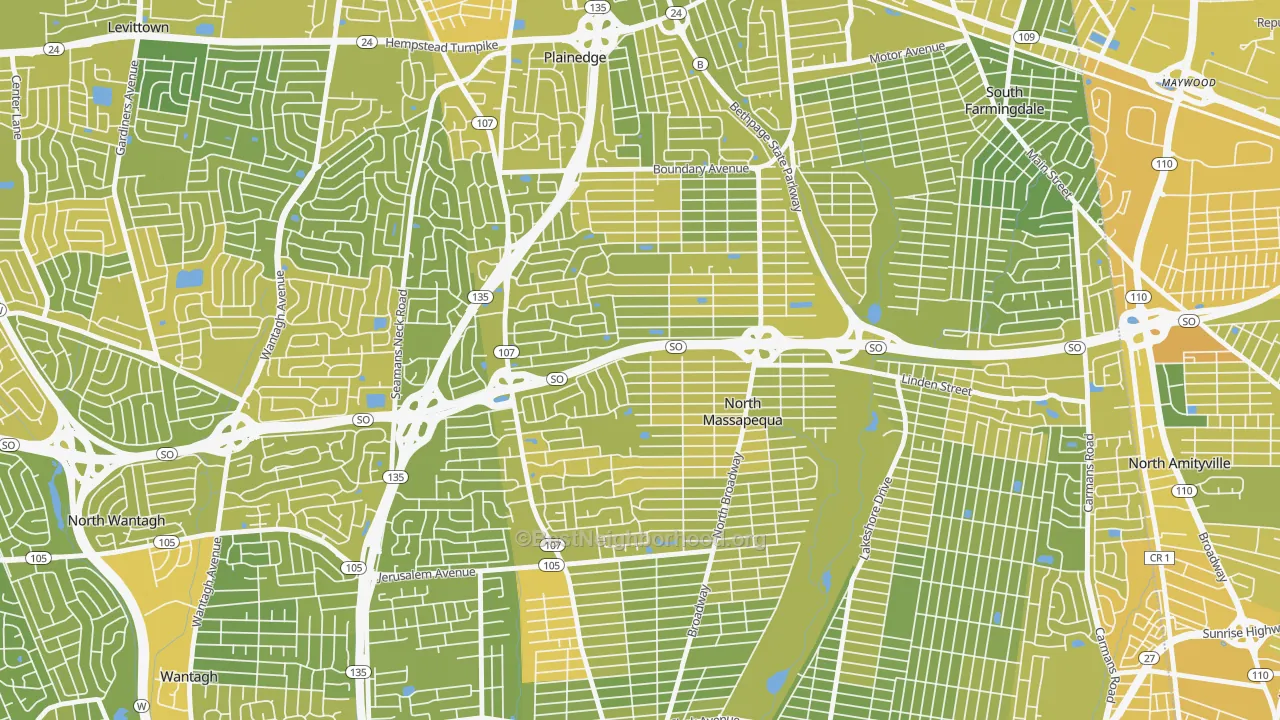 Map of the best neighborhoods in the North Massapequa area, with better matches in green and worse matches in red