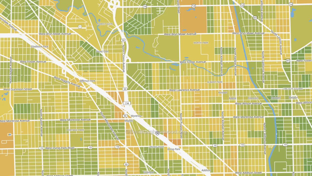 Map of the best neighborhoods in the North Mayfair, Chicago area, with better matches in green and worse matches in red