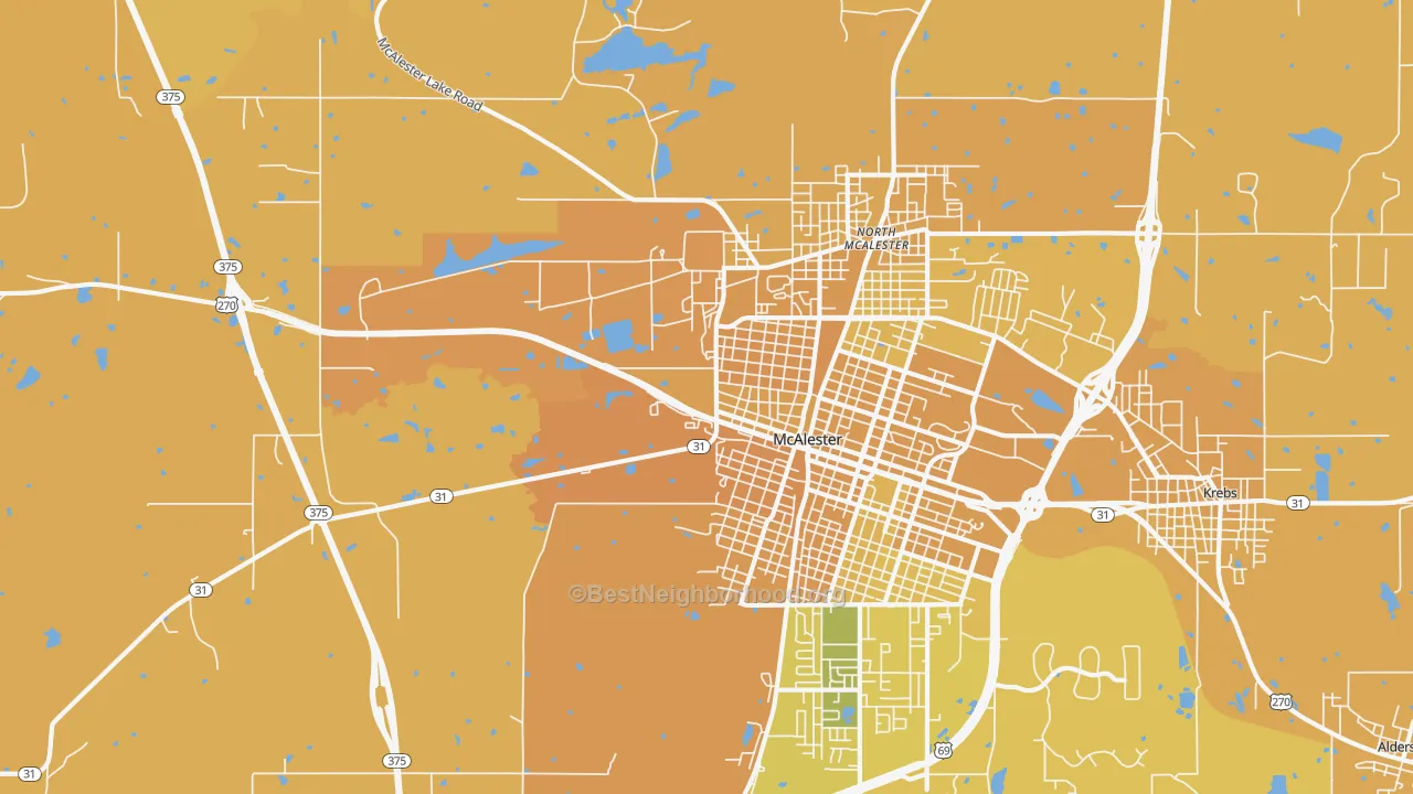 Map of the best neighborhoods in the North McAlester area, with better matches in green and worse matches in red