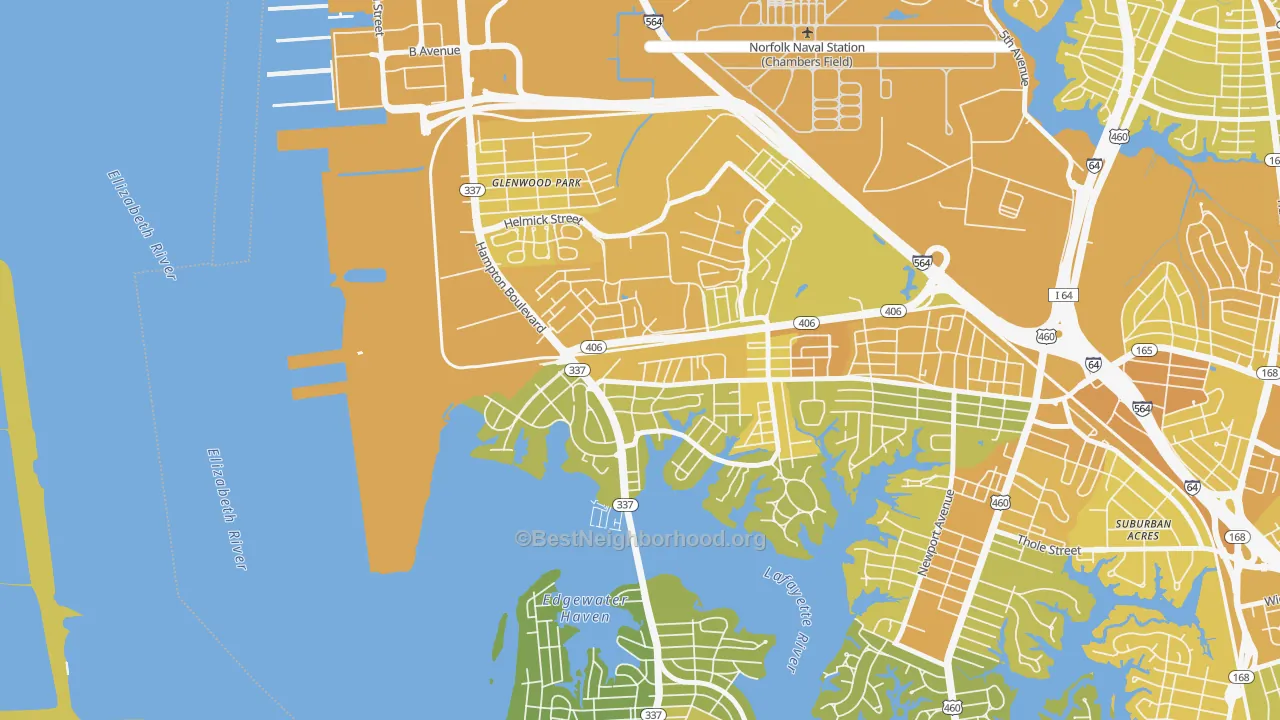Map of the best neighborhoods in the North Meadow Brook, Norfolk area, with better matches in green and worse matches in red