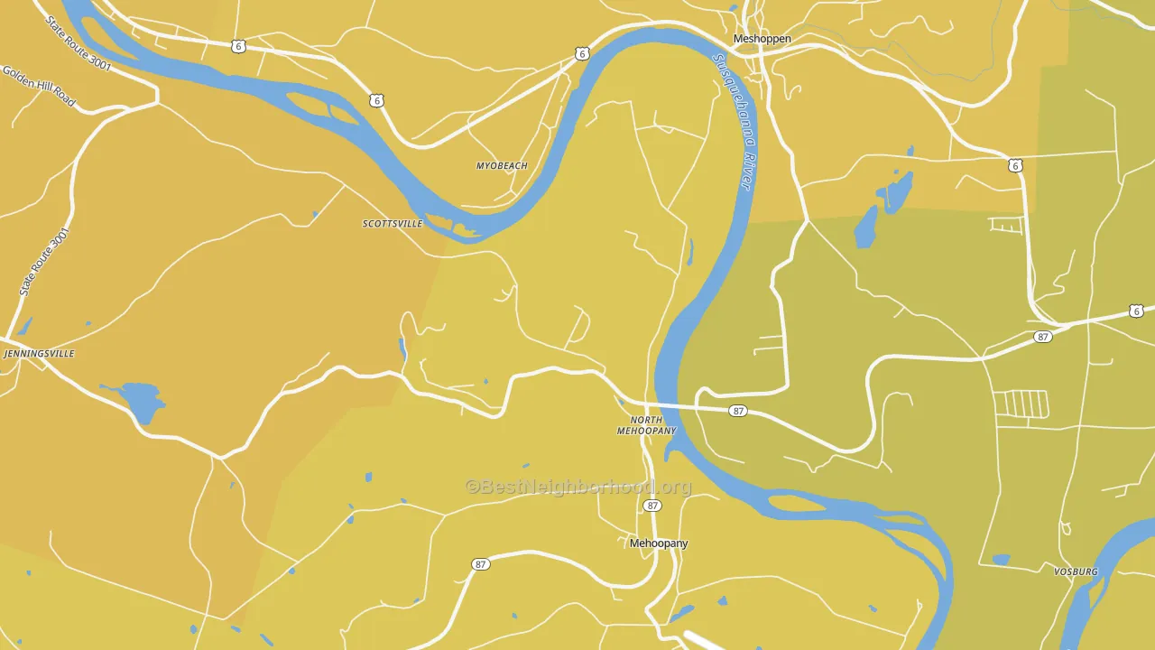 Map of the best neighborhoods in the North Mehoopany area, with better matches in green and worse matches in red