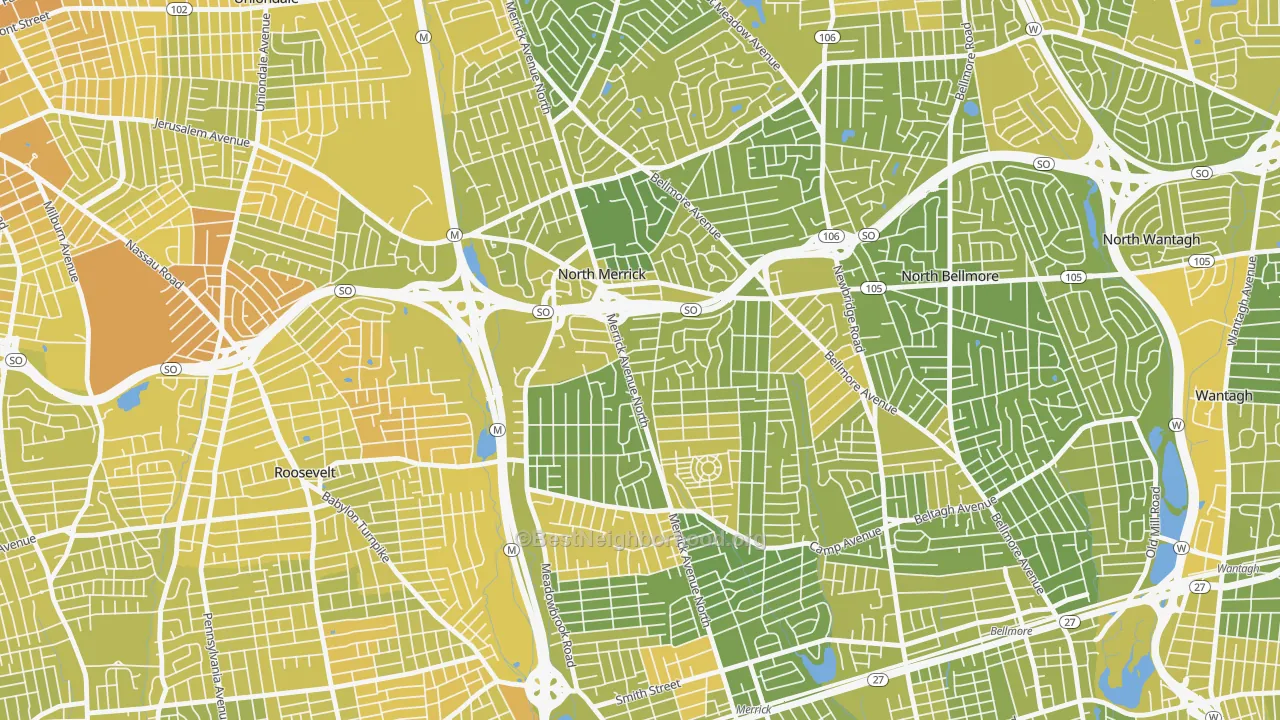 Map of the best neighborhoods in the North Merrick area, with better matches in green and worse matches in red