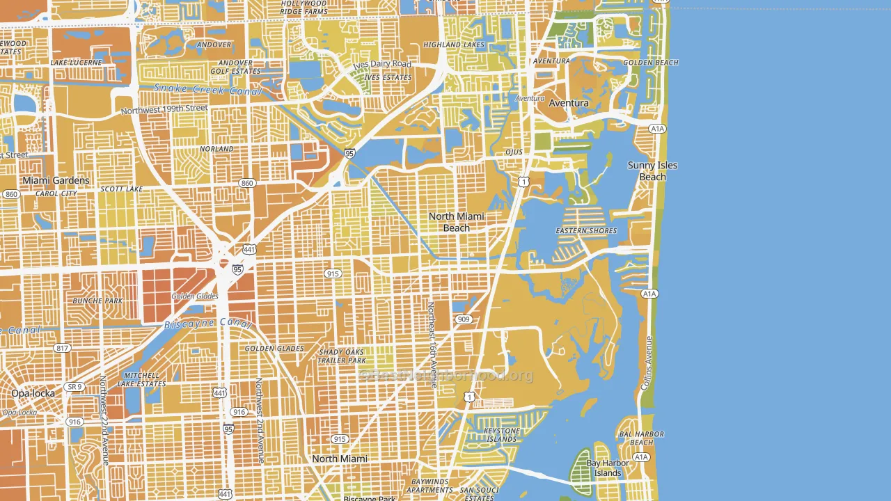 Map of the best neighborhoods in the North Miami Beach area, with better matches in green and worse matches in red