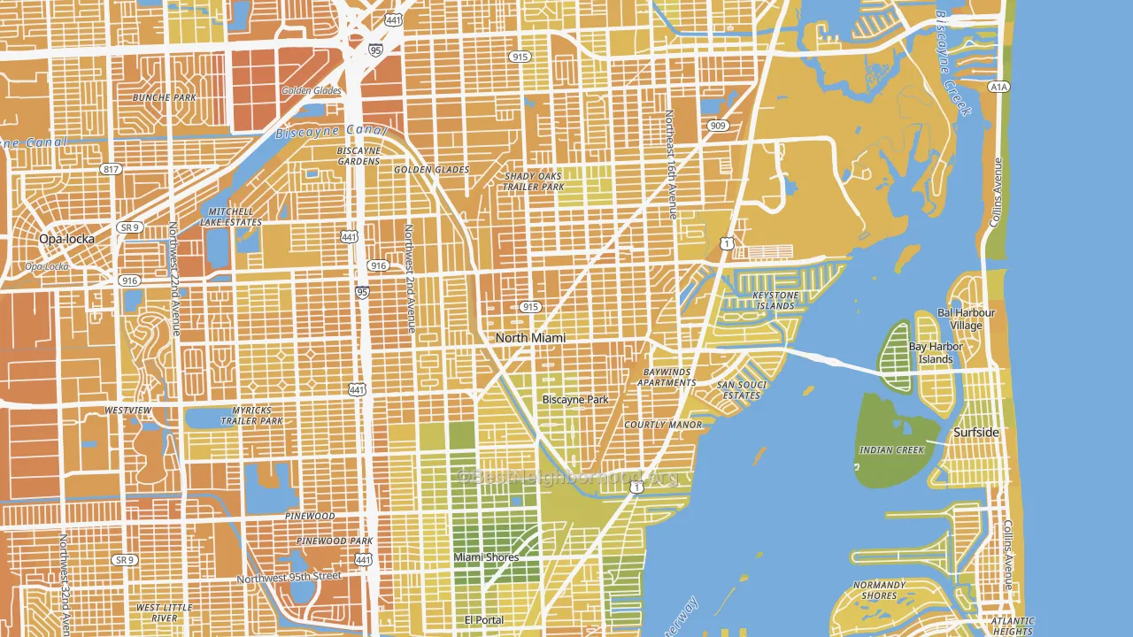 Map of the best neighborhoods in the North Miami area, with better matches in green and worse matches in red