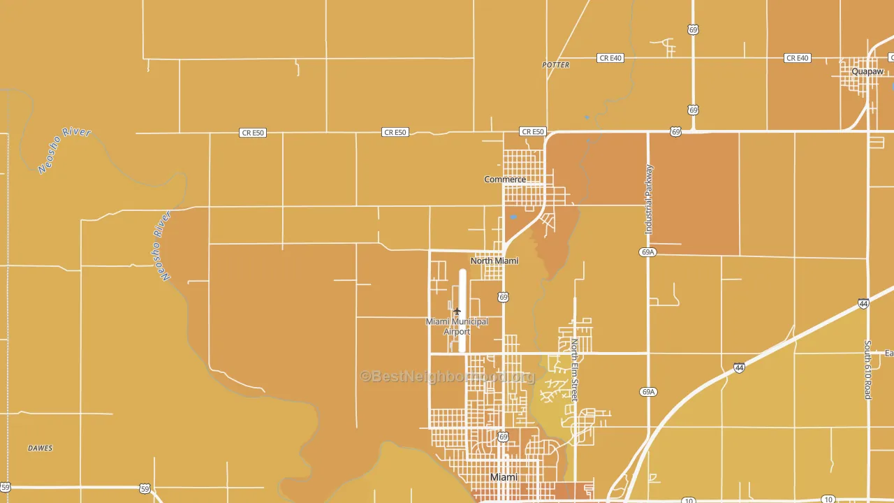 Map of the best neighborhoods in the North Miami area, with better matches in green and worse matches in red