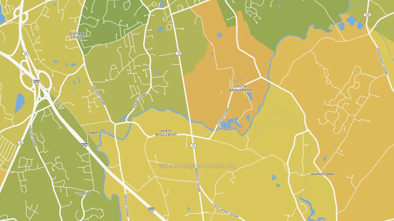 Map of the best neighborhoods in the North Middleboro area, with better matches in green and worse matches in red