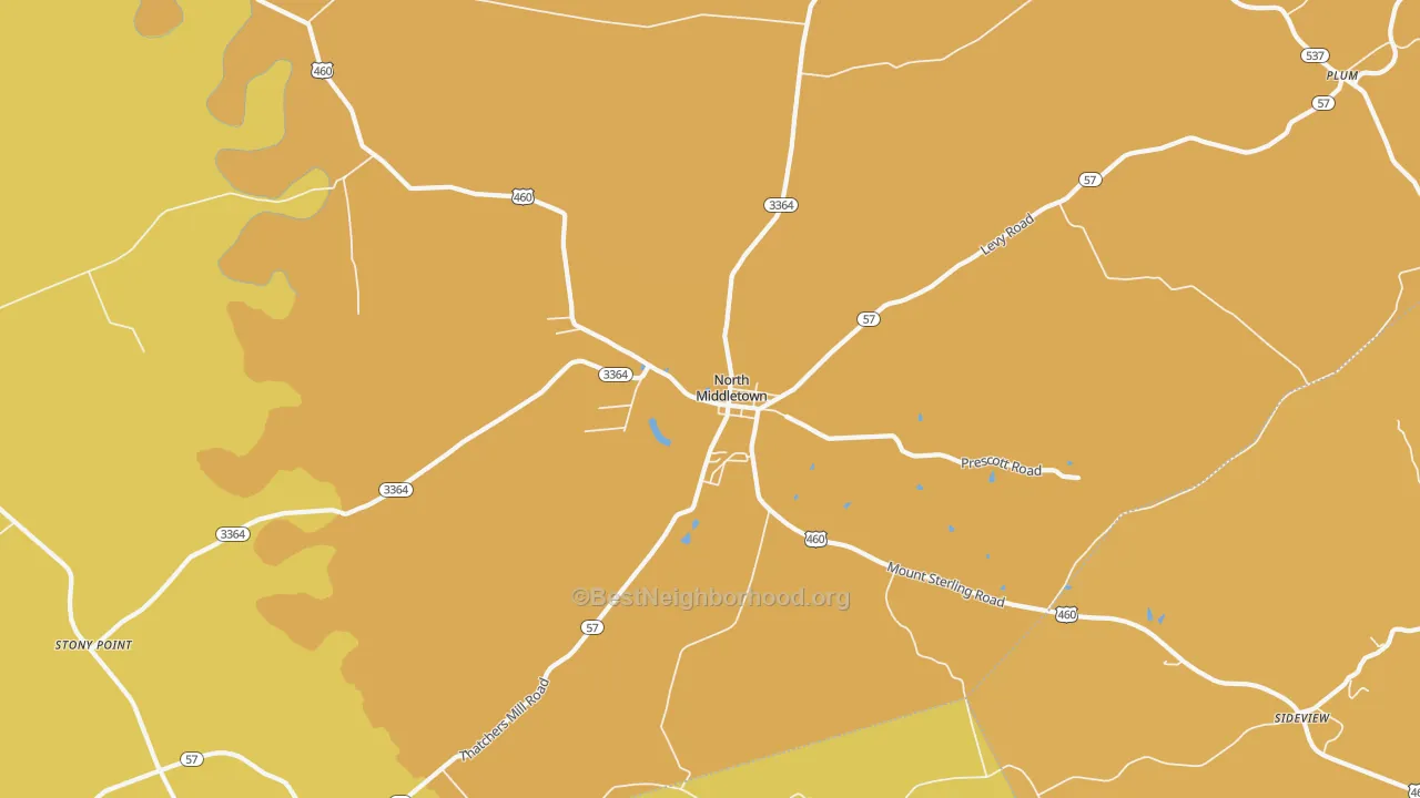 Map of the best neighborhoods in the North Middletown area, with better matches in green and worse matches in red