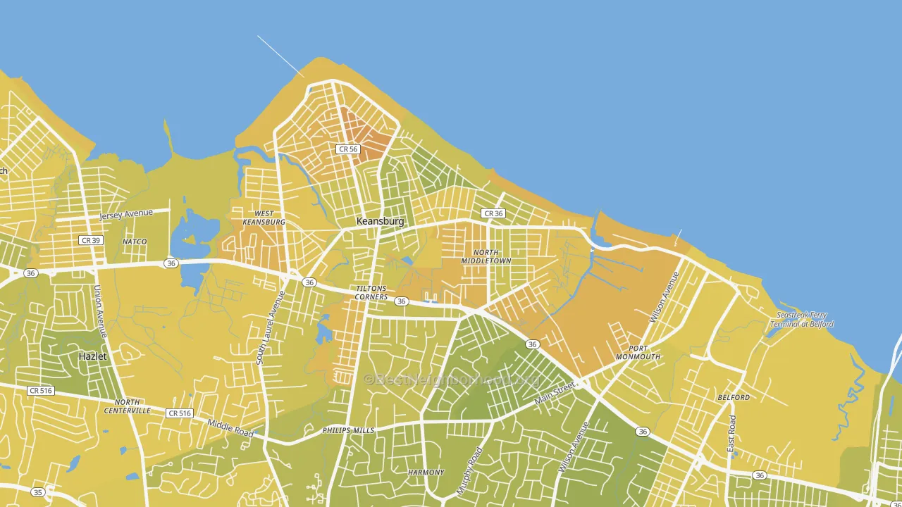Map of the best neighborhoods in the North Middletown, Middletown area, with better matches in green and worse matches in red
