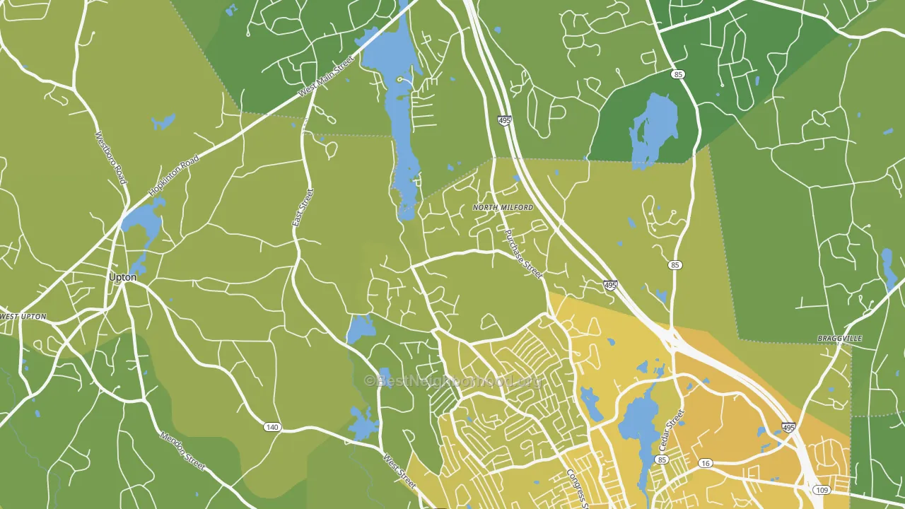 Map of the best neighborhoods in the North Milford area, with better matches in green and worse matches in red