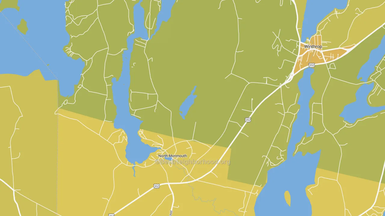 Map of the best neighborhoods in the North Monmouth area, with better matches in green and worse matches in red