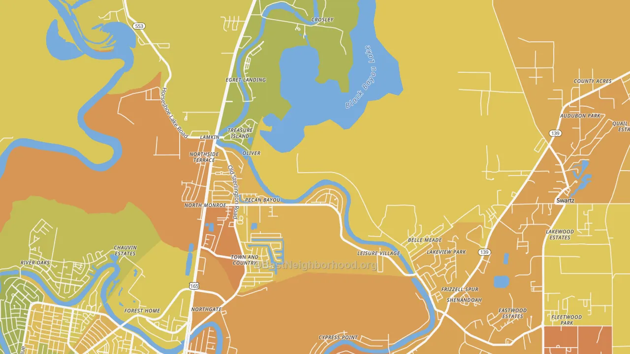 Map of the best neighborhoods in the North Monroe area, with better matches in green and worse matches in red