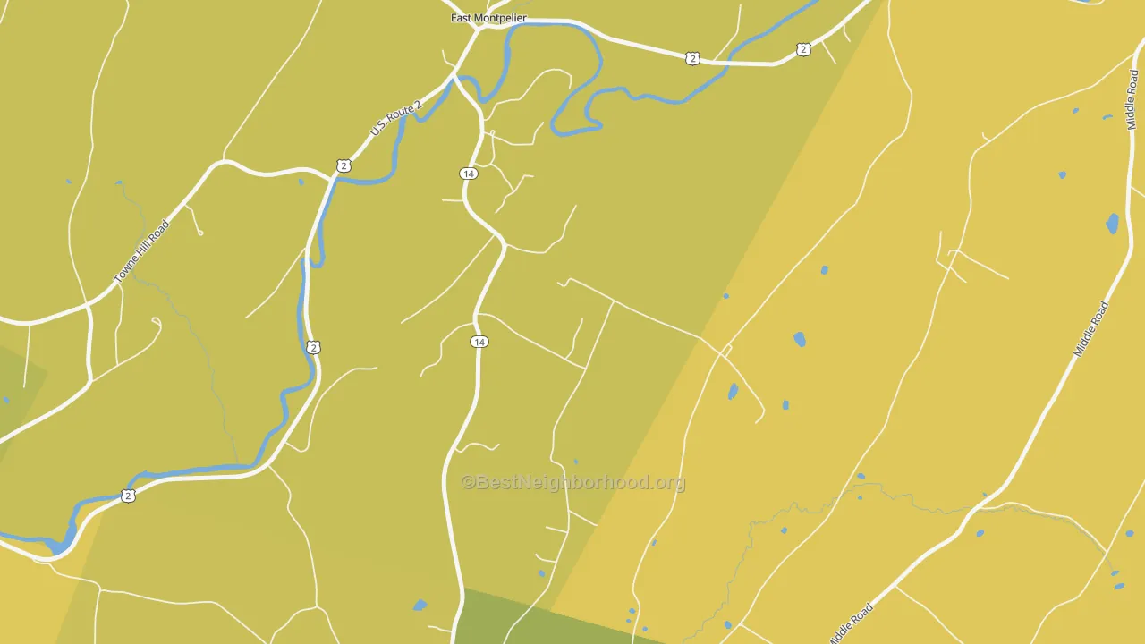 Map of the best neighborhoods in the North Montpelier area, with better matches in green and worse matches in red