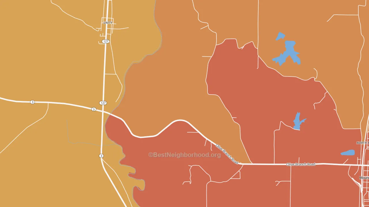 Map of the best neighborhoods in the North Mounds area, with better matches in green and worse matches in red