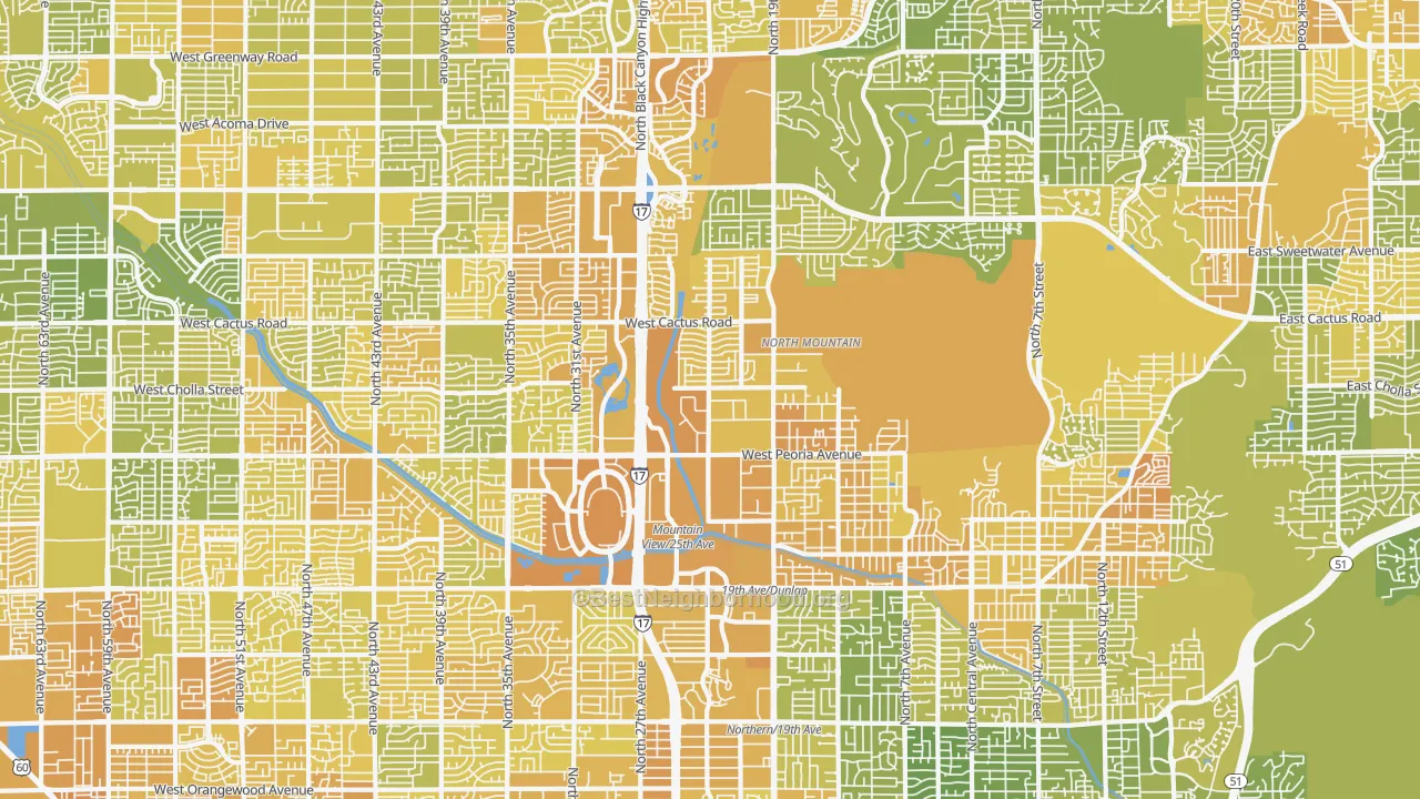 Map of the best neighborhoods in the North Mountain, Phoenix area, with better matches in green and worse matches in red