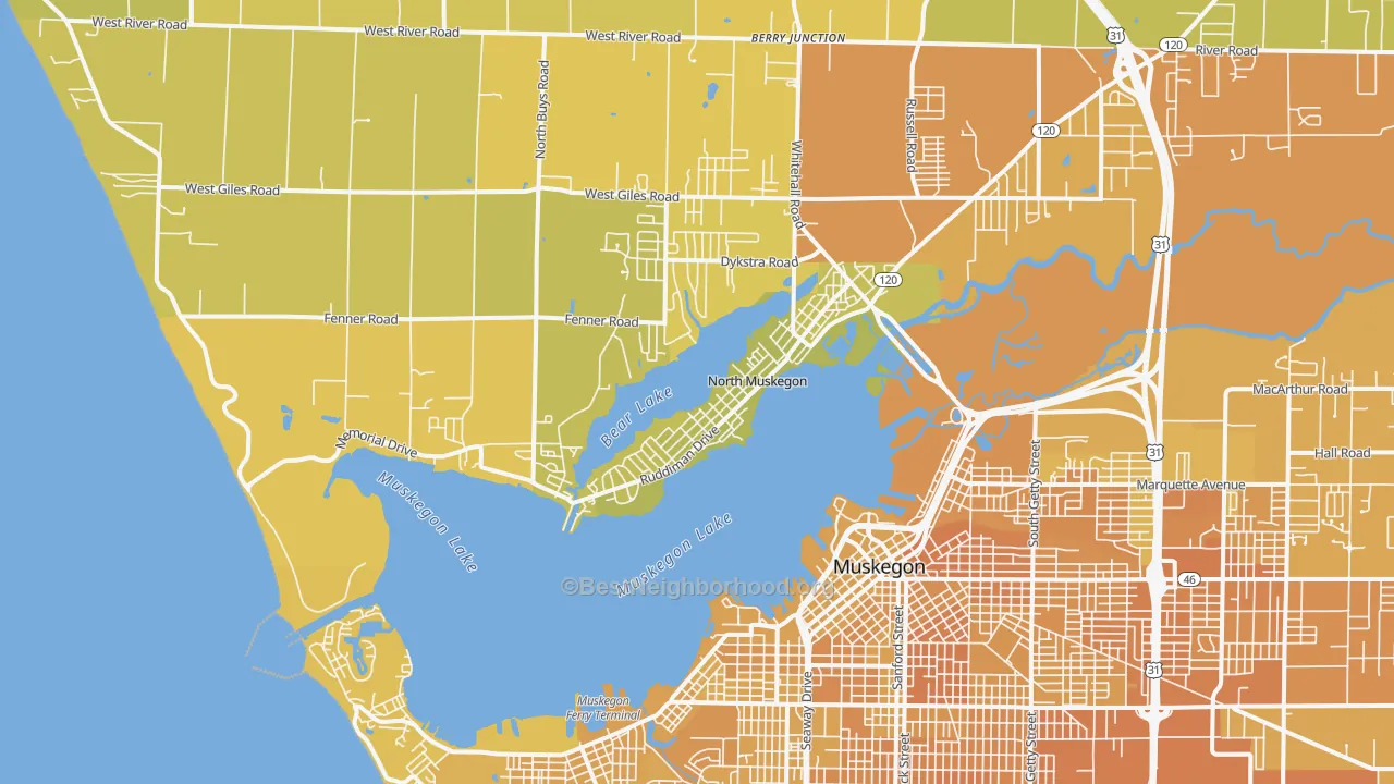 Map of the best neighborhoods in the North Muskegon area, with better matches in green and worse matches in red