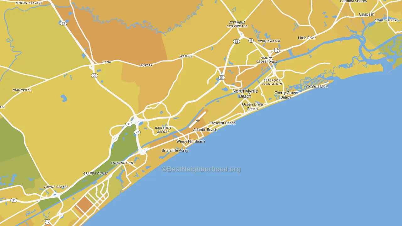 Map of the best neighborhoods in the North Myrtle Beach area, with better matches in green and worse matches in red