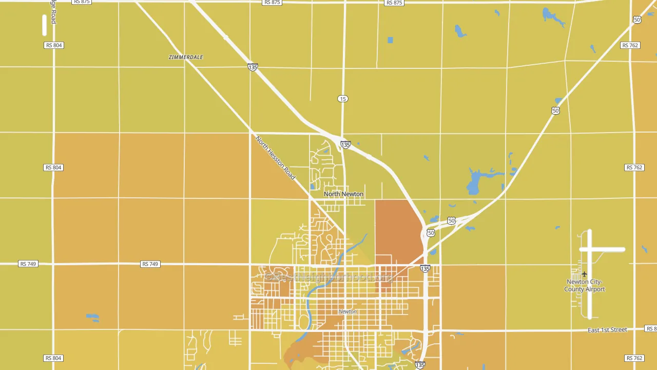 Map of the best neighborhoods in the North Newton area, with better matches in green and worse matches in red