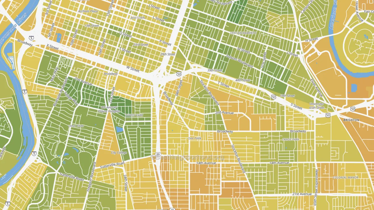 Map of the best neighborhoods in the North Oak Park, Sacramento area, with better matches in green and worse matches in red