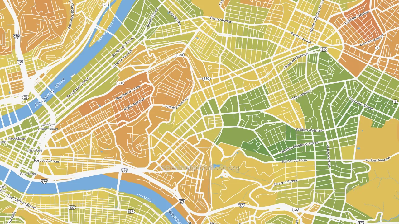 Map of the best neighborhoods in the North Oakland, Pittsburgh area, with better matches in green and worse matches in red