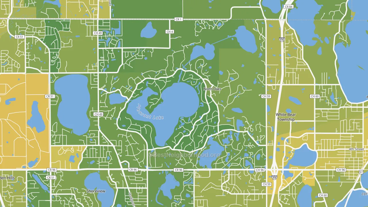Map of the best neighborhoods in the North Oaks area, with better matches in green and worse matches in red