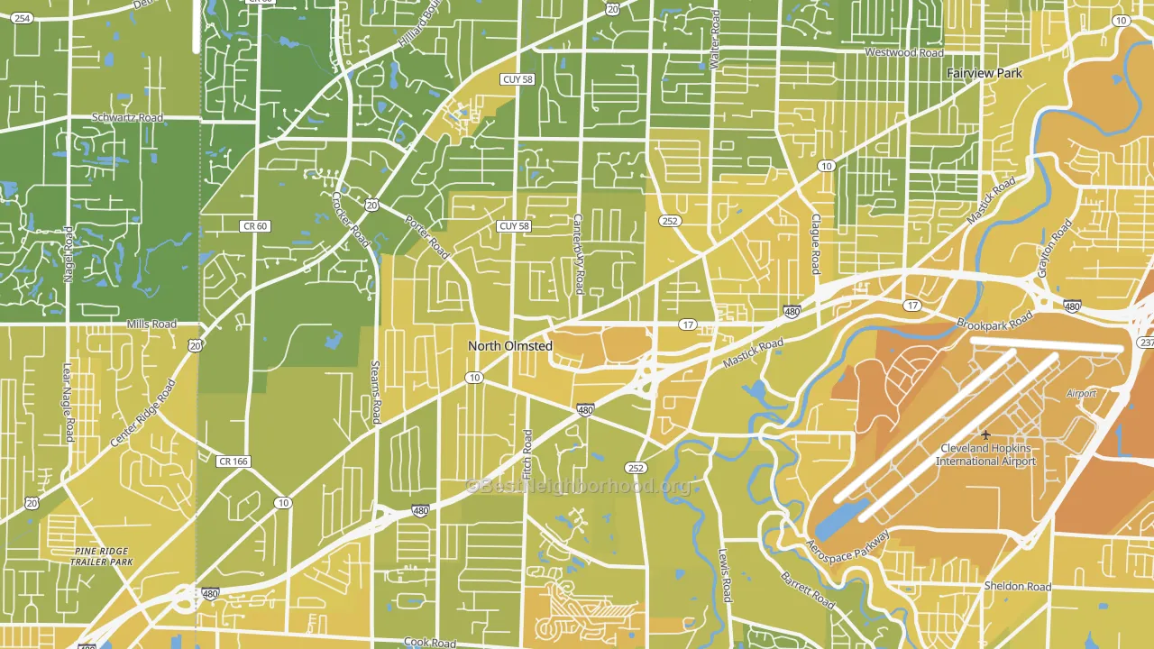 Map of the best neighborhoods in the North Olmsted area, with better matches in green and worse matches in red