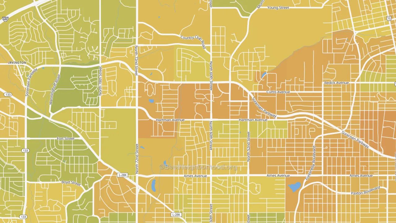 Map of the best neighborhoods in the North Omaha, Omaha area, with better matches in green and worse matches in red