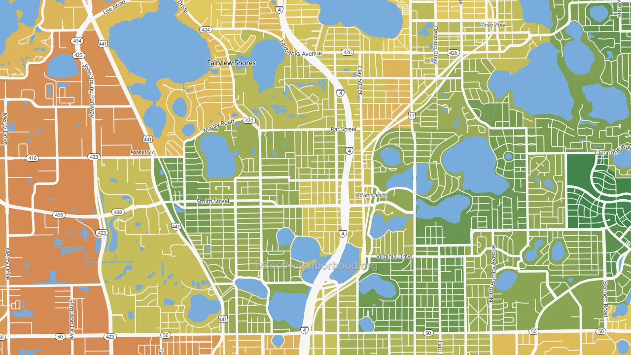 Map of the best neighborhoods in the North Orange, Orlando area, with better matches in green and worse matches in red