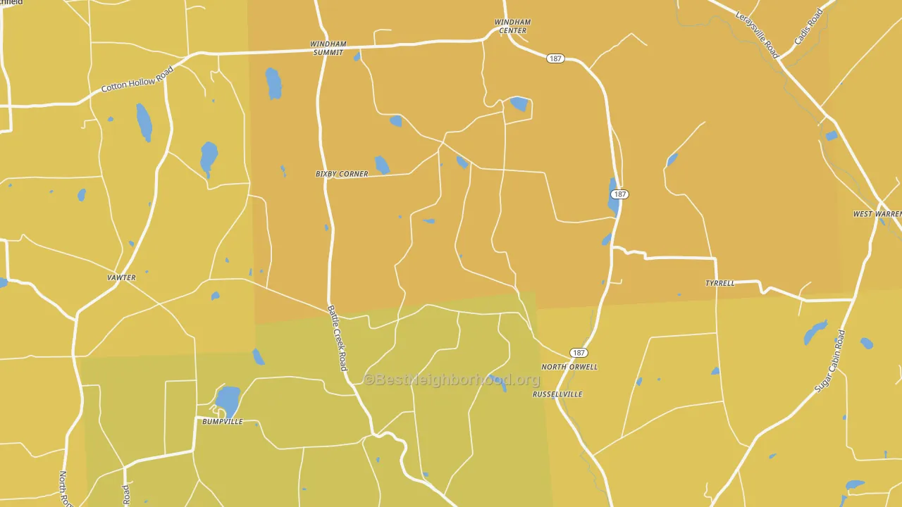 Map of the best neighborhoods in the North Orwell area, with better matches in green and worse matches in red