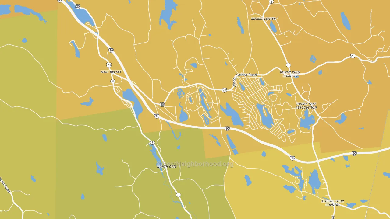 Map of the best neighborhoods in the North Otis area, with better matches in green and worse matches in red