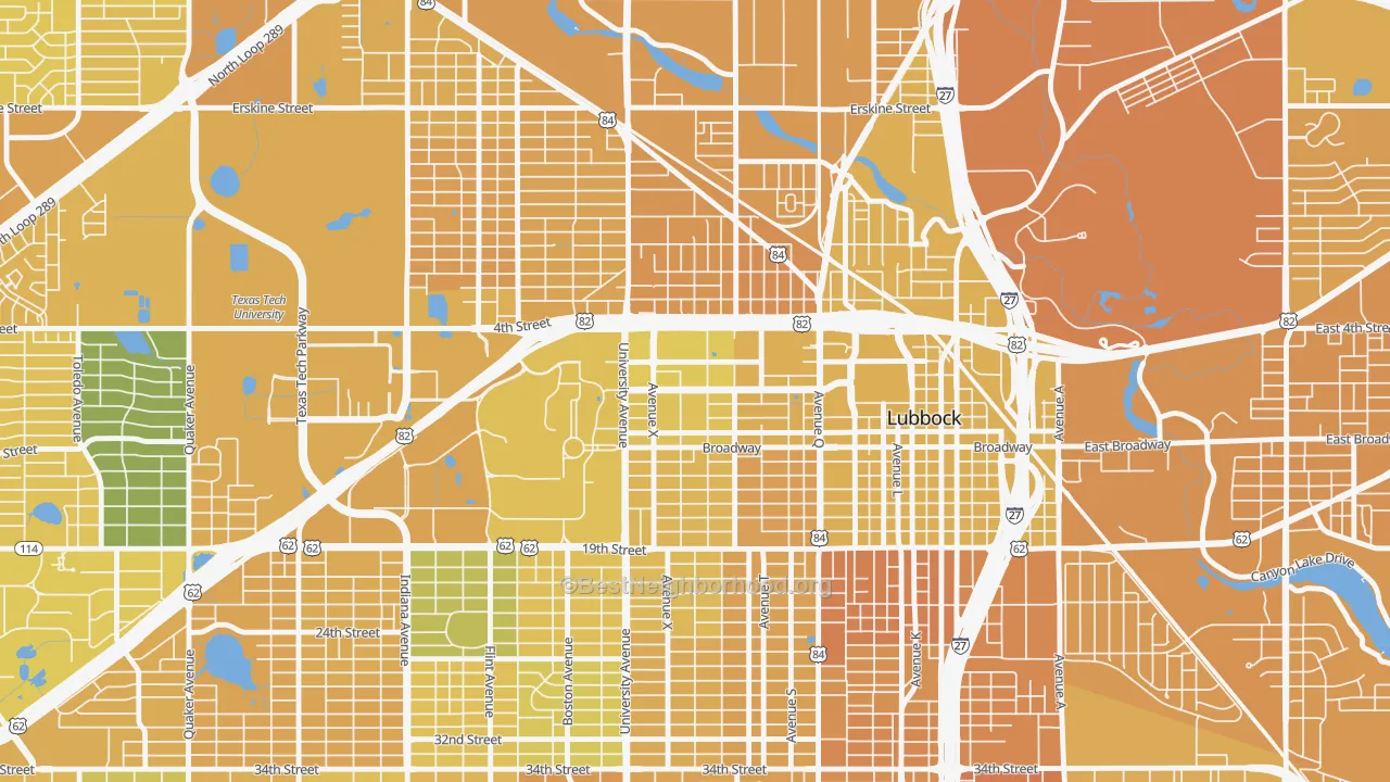 Map of the best neighborhoods in the North Overton, Lubbock area, with better matches in green and worse matches in red