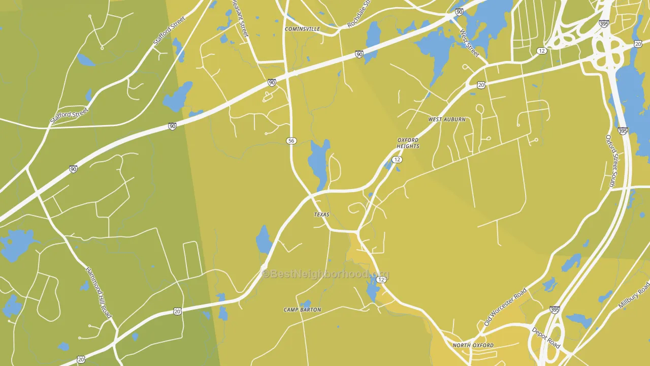 Map of the best neighborhoods in the North Oxford area, with better matches in green and worse matches in red