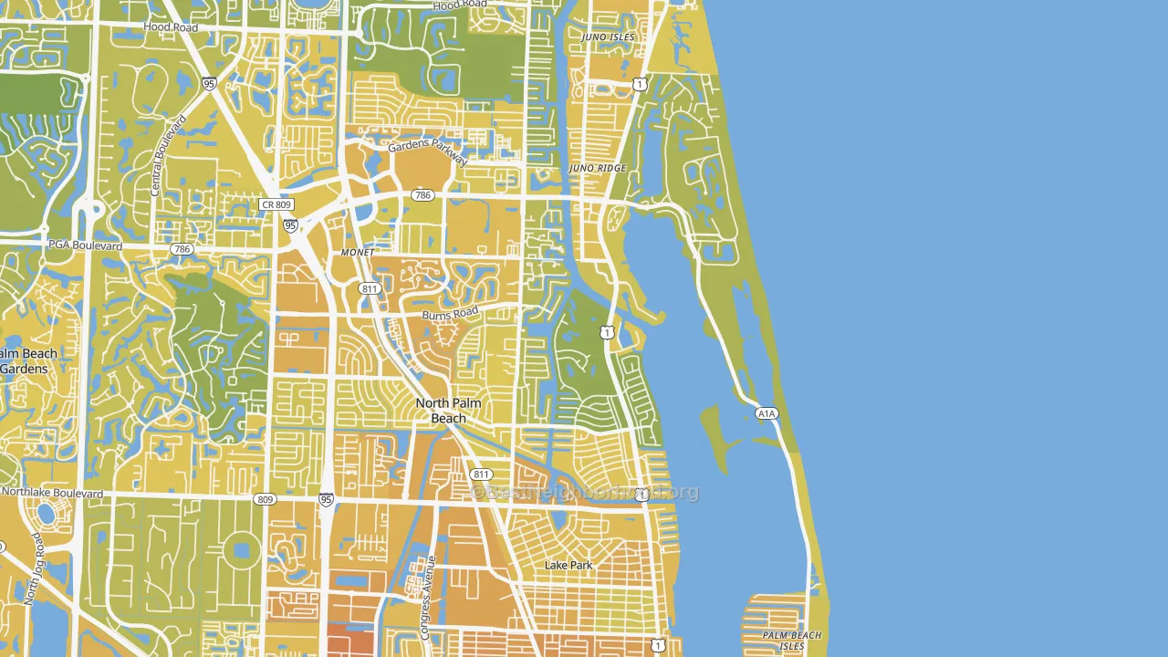 Map of the best neighborhoods in the North Palm Beach area, with better matches in green and worse matches in red