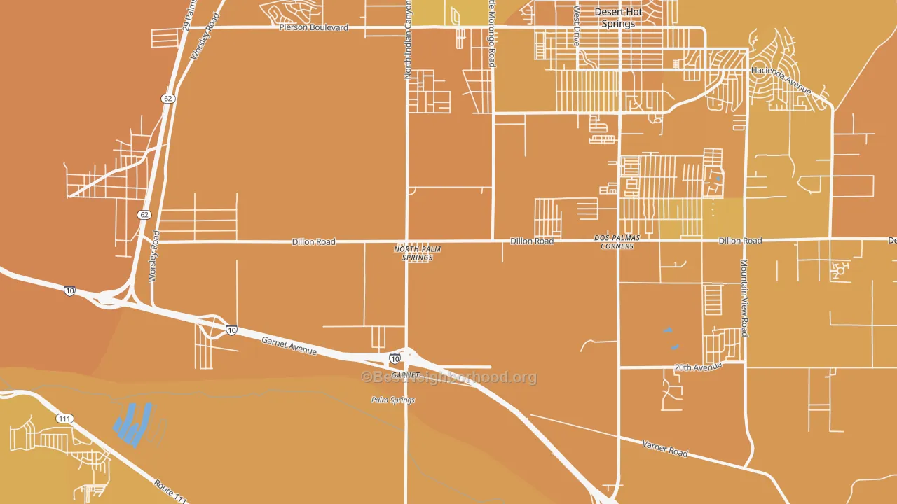 Map of the best neighborhoods in the North Palm Springs area, with better matches in green and worse matches in red
