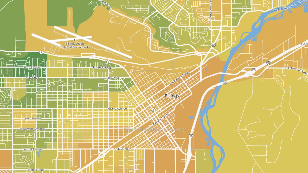 Map of the best neighborhoods in the North Park, Billings area, with better matches in green and worse matches in red