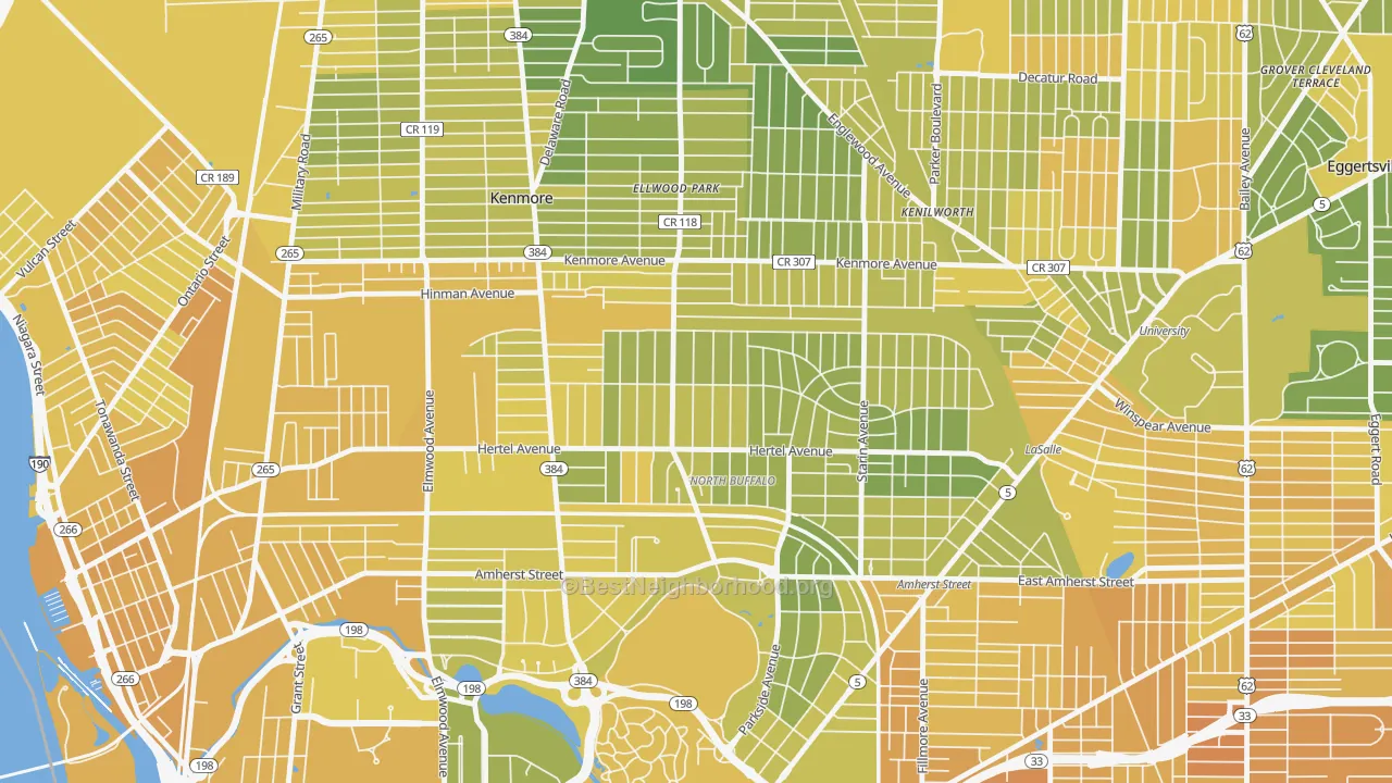 Map of the best neighborhoods in the North Park, Buffalo area, with better matches in green and worse matches in red