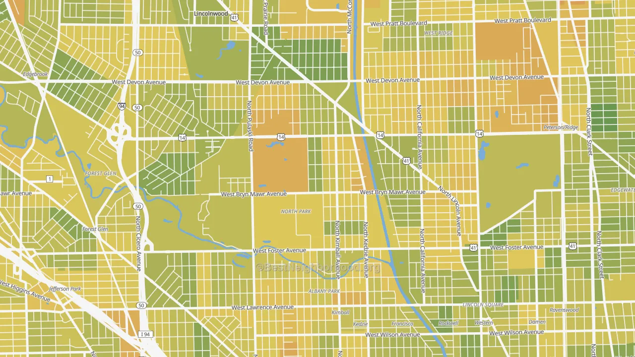 Map of the best neighborhoods in the North Park, Chicago area, with better matches in green and worse matches in red
