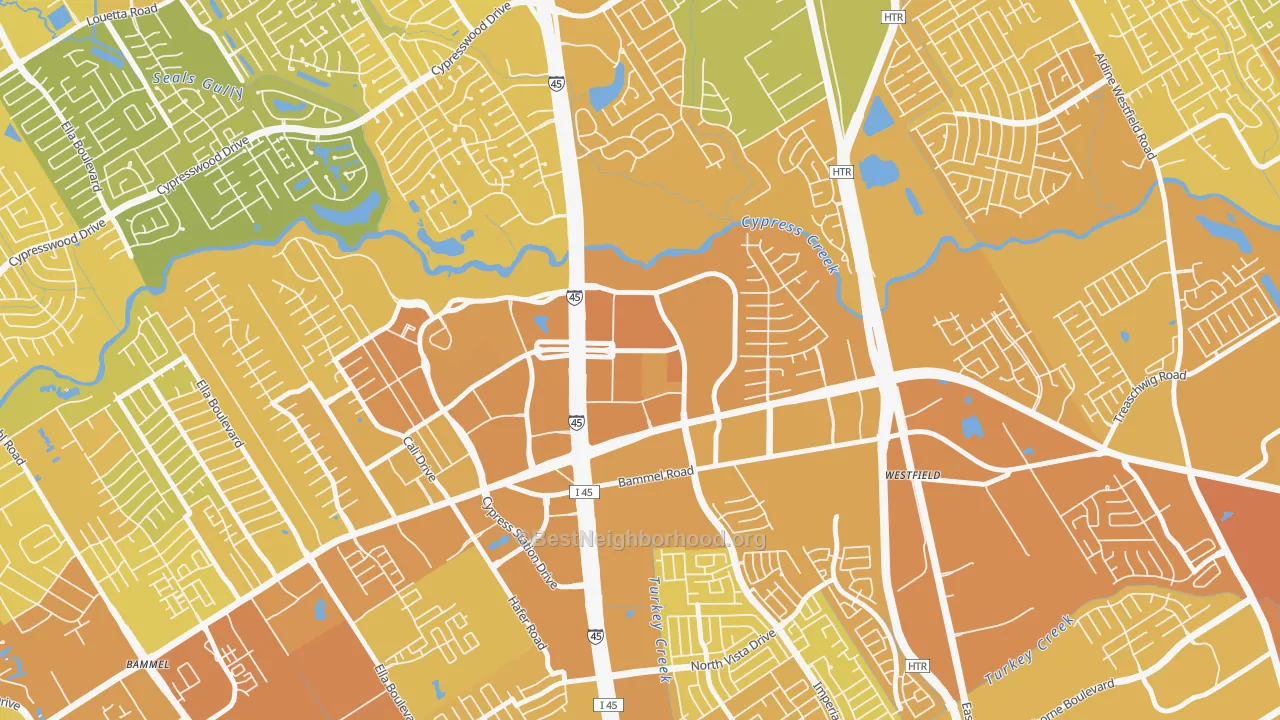 Map of the best neighborhoods in the North Park Forest, Houston area, with better matches in green and worse matches in red