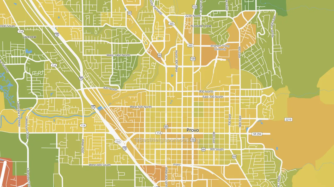 Map of the best neighborhoods in the North Park, Provo area, with better matches in green and worse matches in red