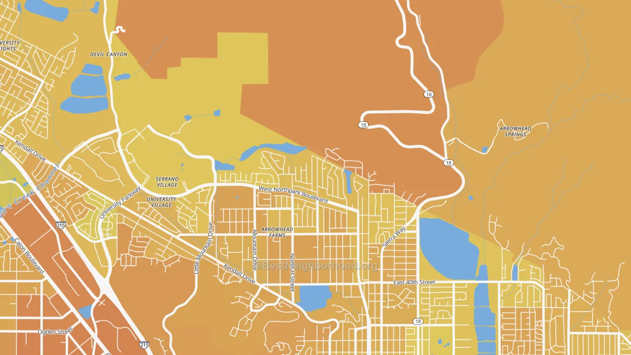 Map of the best neighborhoods in the North Park Riverside, San Bernardino area, with better matches in green and worse matches in red